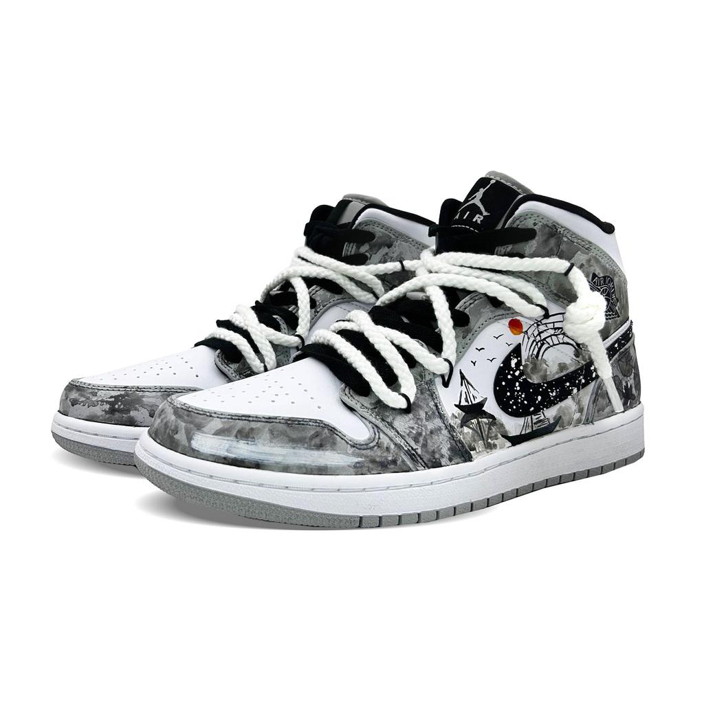 Jordan Air Jordan 1 Dämpfung Mid-Top Vintage Basketballschuhe Herren Schwarz Weiß 554724-092(Team252-)