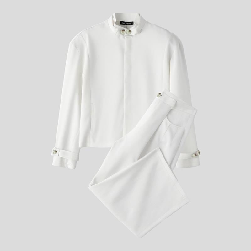 

INCERUN Two Piece Suit Men Stand Neck Long Sleeve Tops Pants Outfits Sets 5XL белый