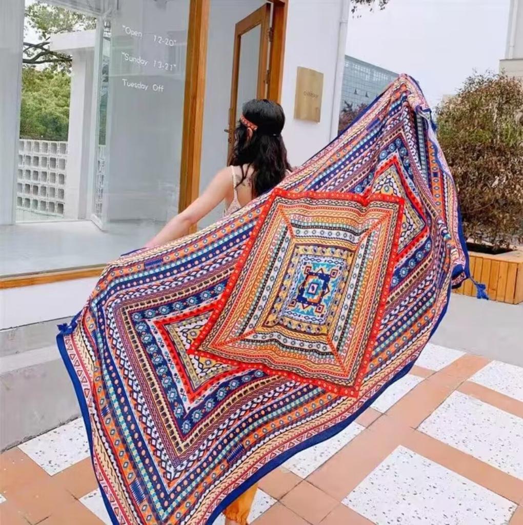 180Cmflower Printed Silk Scarf Ethnic-Style Twill Cotton Scarf Multi-Functional Travel Sun Protection Shawl Women'S Headscarf