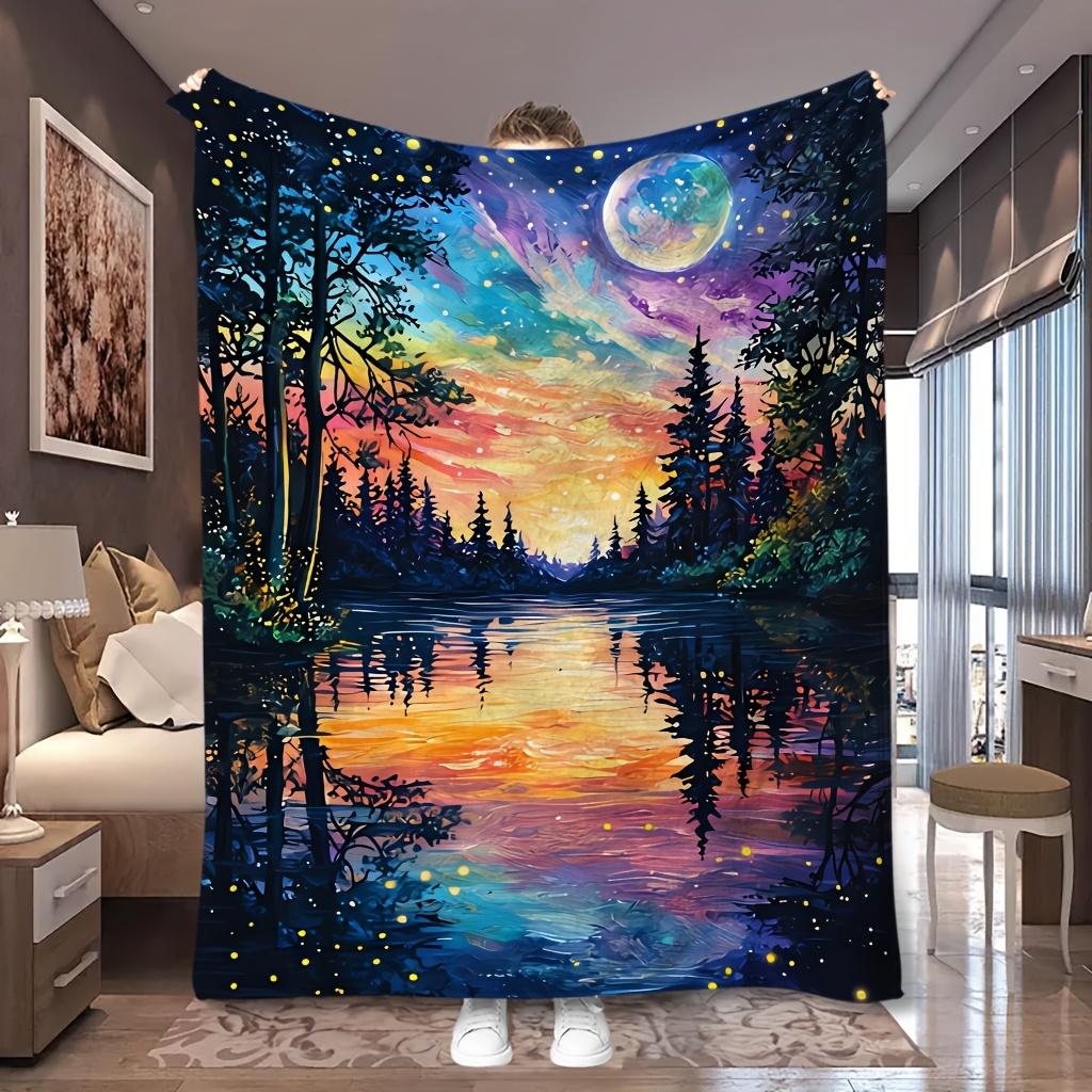 1pc Full Moon Glow Forest River Night Print Flannel Blanket, Practical and All-season Usable, Suitable for Blankets, Kid Bed Covers, Dormitory, Lawn P