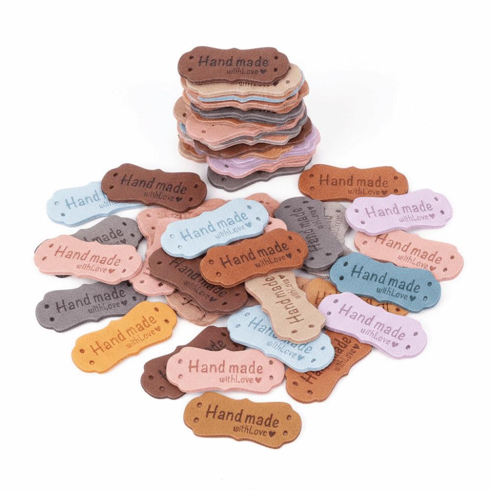 50pcs 10 Colors Leather Labels 15x42mm PU Leather Tags Handcrafted Embossed Tags For Knit