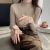 Women's Autumn/Winter Black Lace Patchwork Sweater, Slimming Half-High Collar Knit Top with Long Sleeves