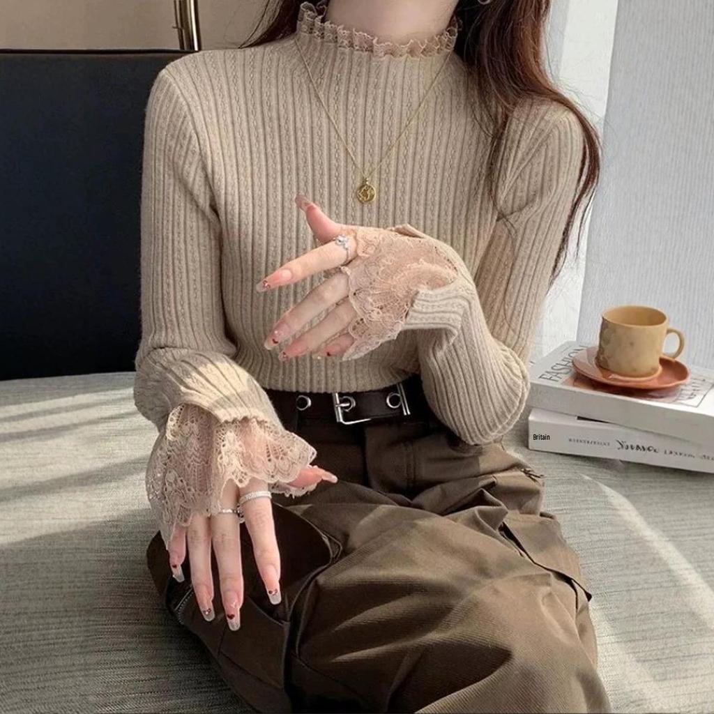 Women's Autumn/Winter Black Lace Patchwork Sweater, Slimming Half-High Collar Knit Top with Long Sleeves