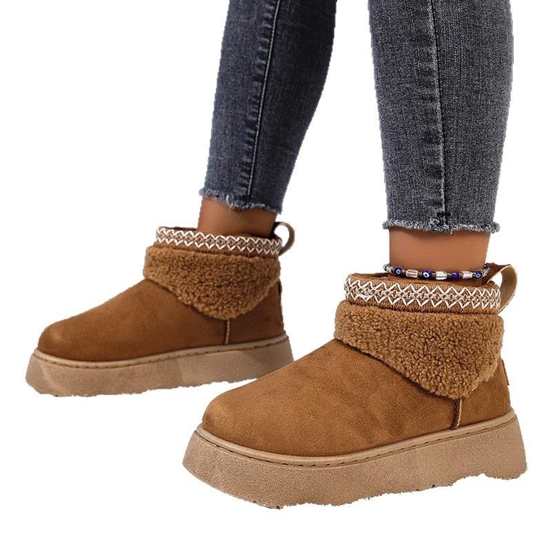 Cloth cover foot velvet short cotton shoes 2025 autumn new large size round head warm thick-soled snow boots women