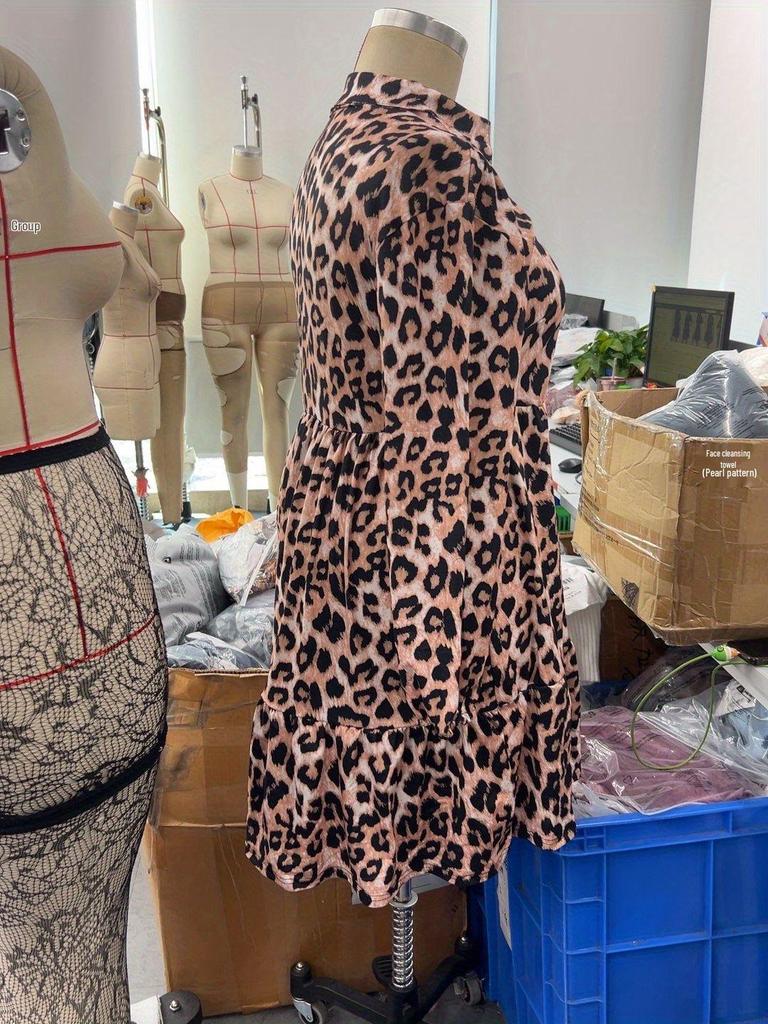 Robe longue à manches longues et col en V grande taille imprimé léopard Euro-Américain 2025