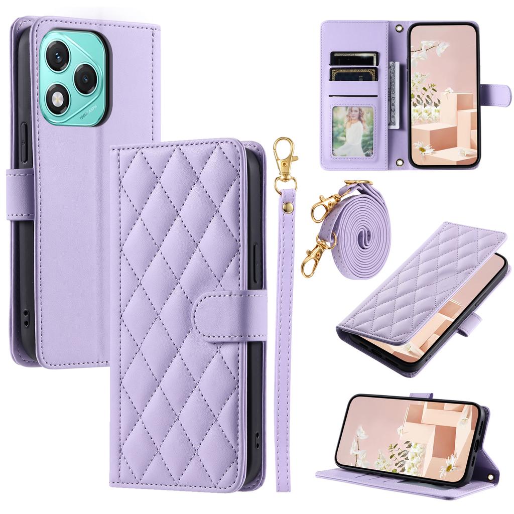 Phone Case For Honor 400 Lite 5G/X70i/X60i 5G Wallet Rhombus Grid PU Leather Cover with Shoulder Strap/Wrist Strap