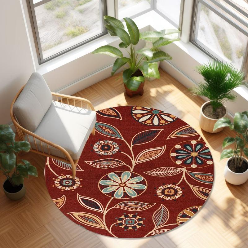 Bohemian Floral Round Rug Ethnic Style Botanical Pattern Carpet Soft Non-Slip Circle Floor Decor Mat for Living Room Bedroom