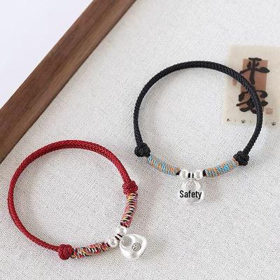 Retro Heian Lock Adjustable Hand-woven Bracelet for Girls - Chinese National Style with Small Blessing Charm
