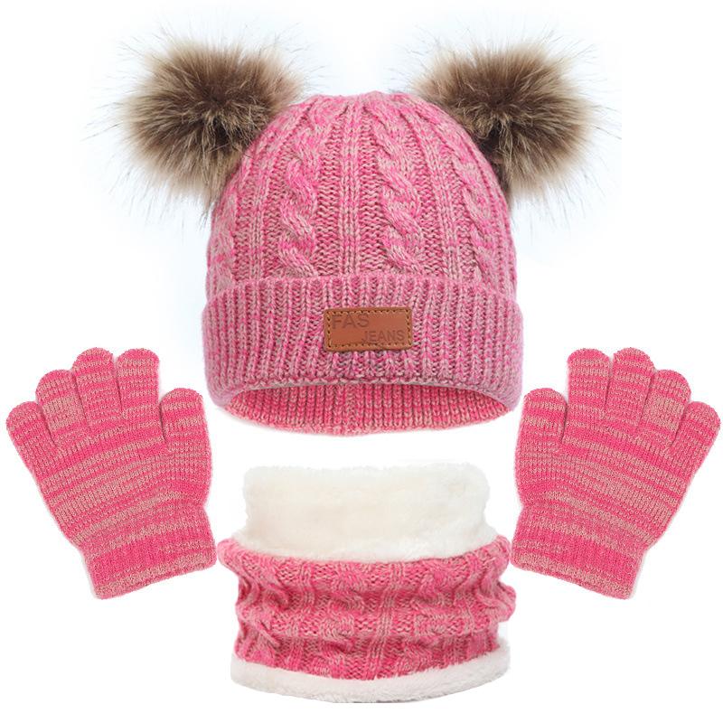 3PCS/set Kids Hat Scarf Gloves Set Baby Winter Warm Girls Boys Pompom Beanie Cap