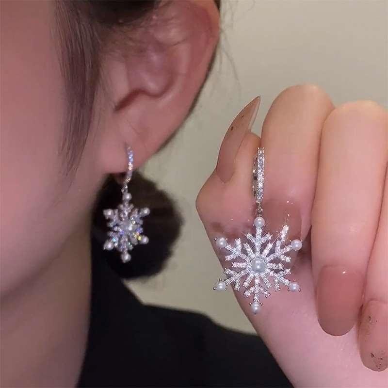 Silver Plated Crystal Pearl Christmas Snowflake Zircon Earrings Dangle For Women Hook Xmas Party Fashion Jewelry Gift