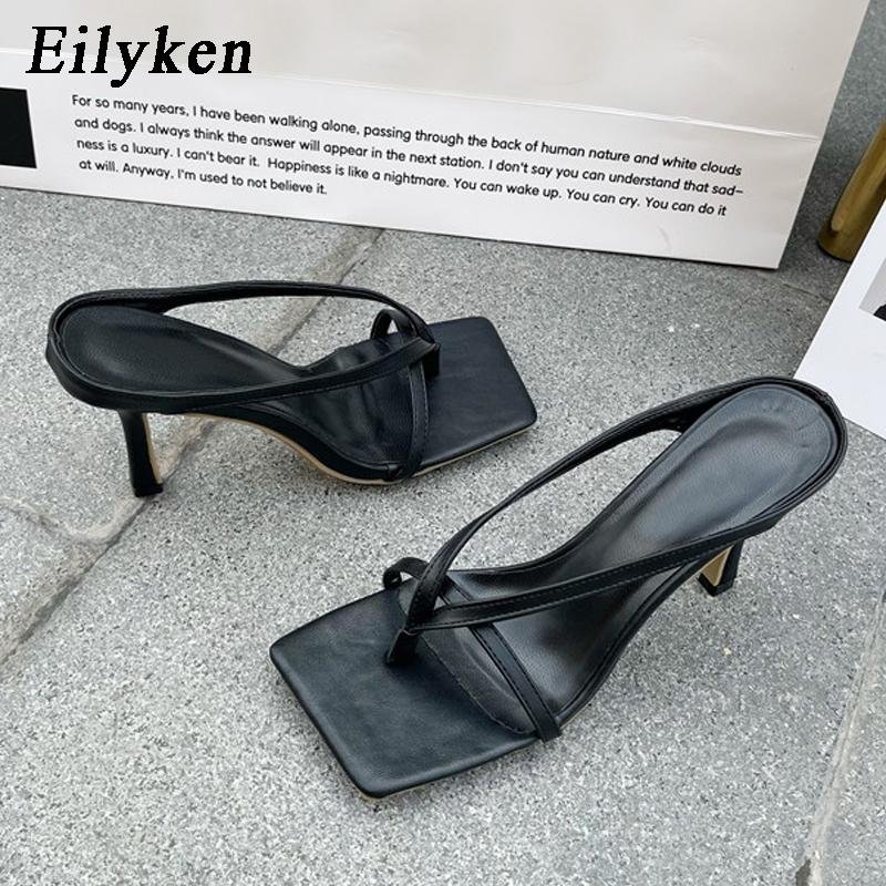

Fashion Eilyken New Slipper High Heels Shoes Fall Best Street Look Females Square Head Toe Clip-On Strappy Women Sandals Slides 35 чёрный