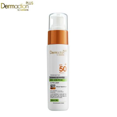 Dermaction Plus di Watsons, Advanced Sun, Hybrid Activated, Zinco, Acne-Prone, Aqua Gel, SPF50+ PA++++, 40 ml.