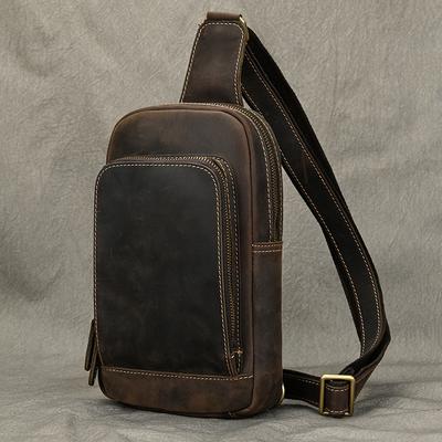 Crazy Horse Leather Chest Bag for Men's Casual Diagonal Cross Bag, Cowhide Simple Shoulder Bag, Commuting Outdoor Bag