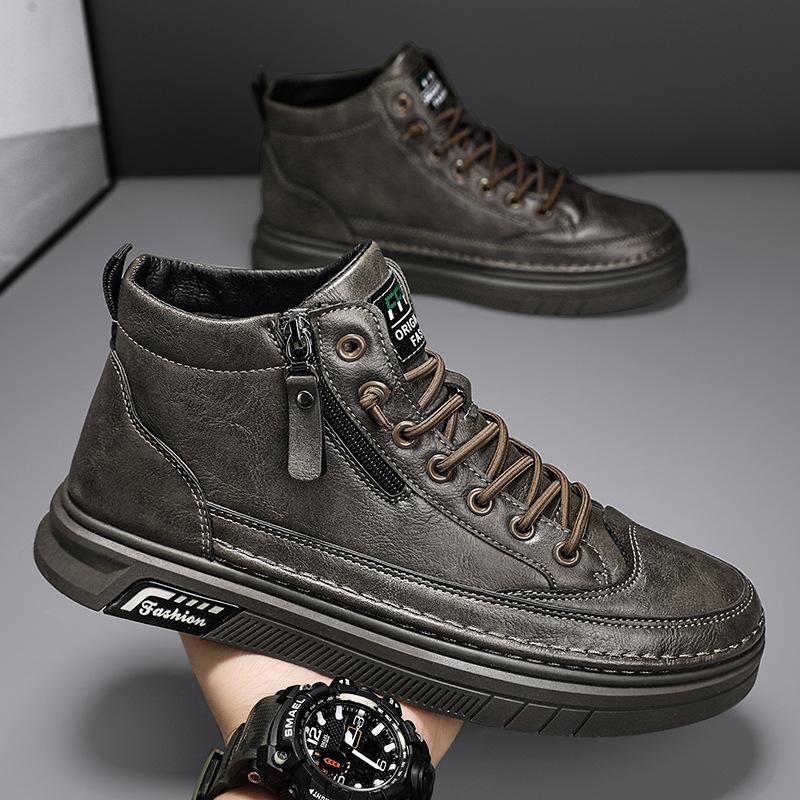 Autumn Fashion High Top Leather Casual Shoes Retro Outdoor Sport Walking Comfortable Warm Non-slip Luxury Sneakers Skate Shoes