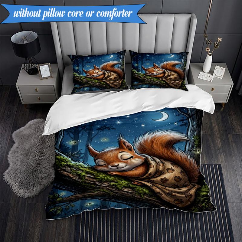 3-teiliges Bettwäsche-Set ' Eichhörnchenträume im Mondlicht', Enthält 1 Bettbezug und 2 Kissenbezüge, Perfekt für Schlafzimmer, Wohnheim, Weihnachtsgeschenk für Fans
