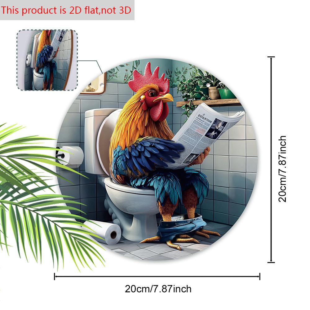 Funny Toilet Wooden Sign with Roosters Reading Newspapers Pattern, Unique Round Sign for Bathroom Door Hanging Decor