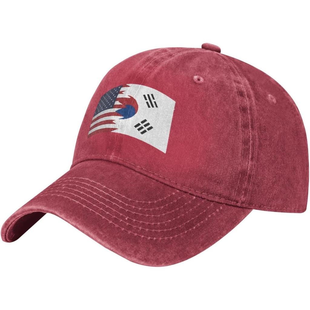 Korean American Flag Baseball Cap Washed Denim Distressed Adjustable Dad Hat for Unisex