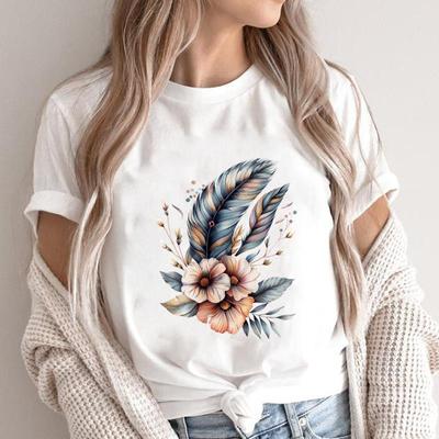 (Asian Size) Print Short Sleeve T-shirts Casual Women's Fashion Feather Trend Cute Lovely Clothing T Female Top Graphic Tee