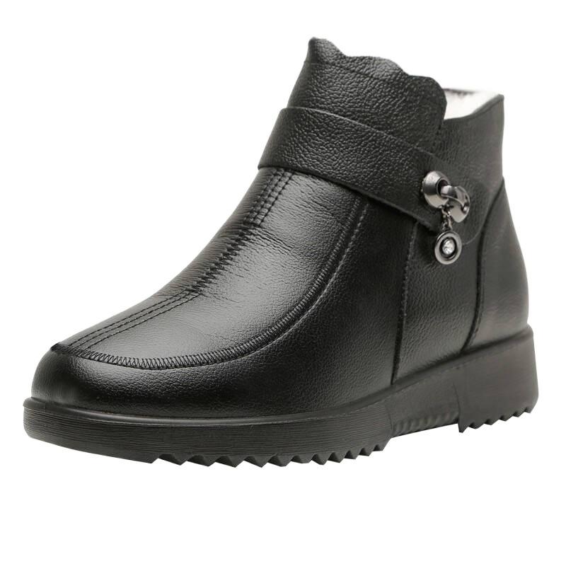[Genuine Leather] Mom Cotton Shoes Women's Winter Velvet Warm Short Boots Flat-soled Soft-soled Leather Boots Women's Middle-aged and Elderly Snow