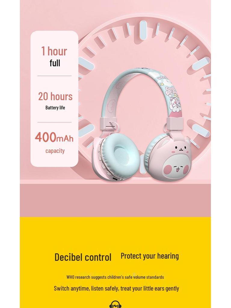 Women's Cartoon Wireless Bluetooth Over-Ear Headphones - Stereo Sound, Long Battery, 85dB