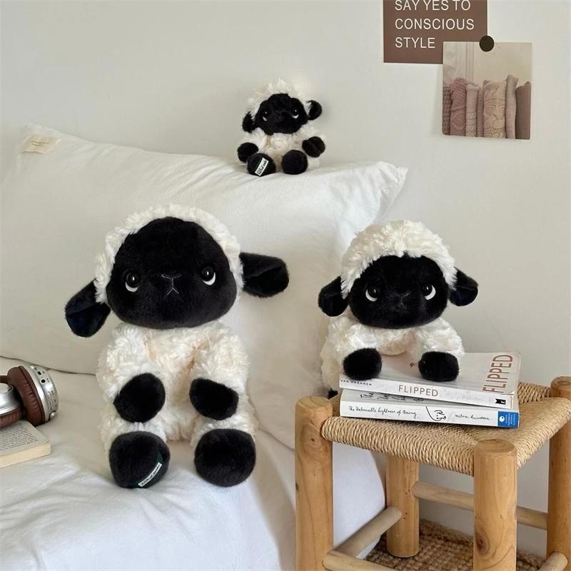 Black Face Sheep Plush Doll Sitting Large Lying Sheep Pillow Fluffy Curly Fur For Sofa Bed Indoor Aesthetic Decor Ornament