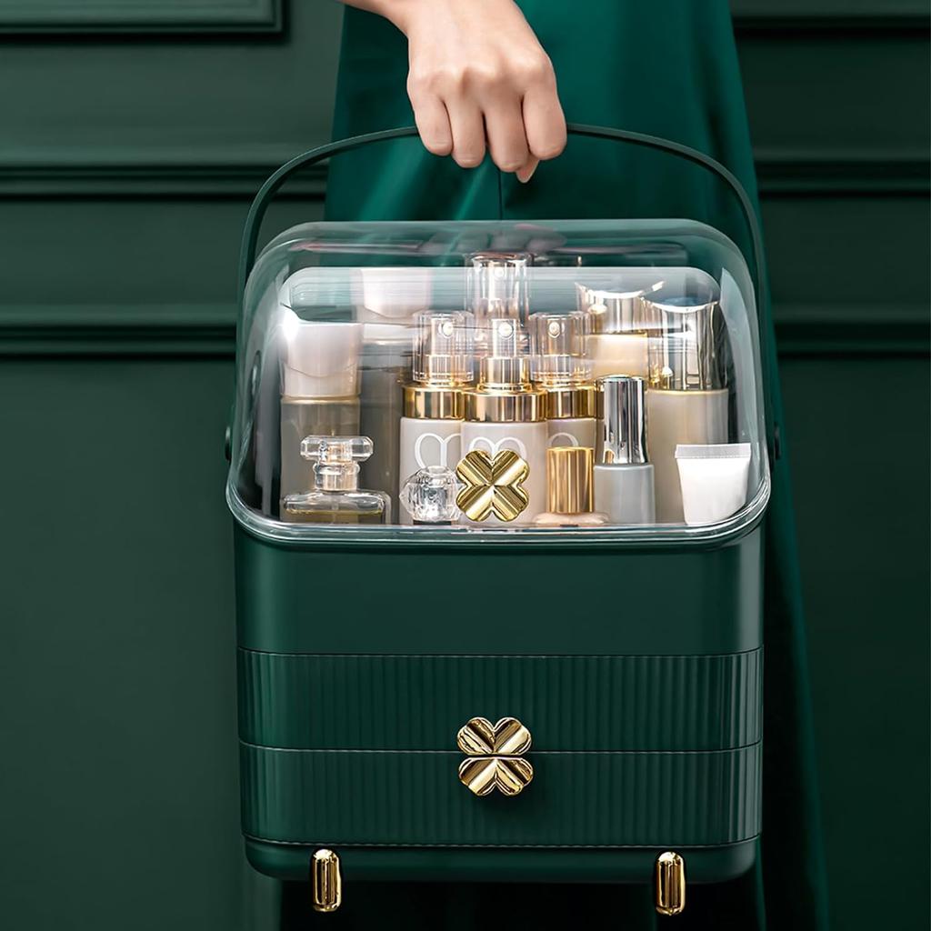 3 Tiers Makeup Organizer Holder Cosmetic Storage Box with Dust Free Cover Portable Handle 2 Rroomy Drawers