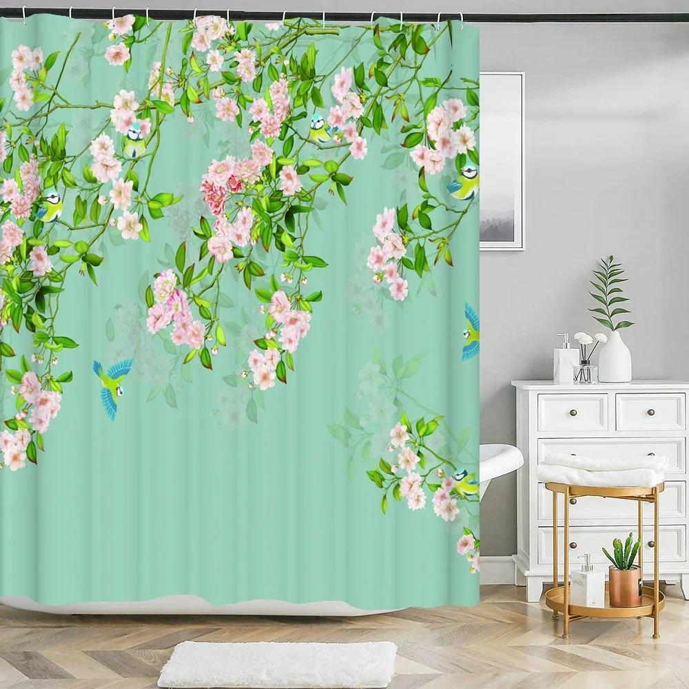 Duschvorhänge im chinesischen Stil mit Blumen und Vögeln, wasserdicht, Badezimmervorhang, 3D-bedruckter Stoff mit Haken, Dekoration, Duschvorhang