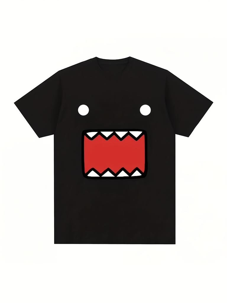 Unisex T-shirt Cute Monster Face T-Shirt – Black Short-Sleeve Crew Neck Summer Trend, Fun and Dreamy Pattern Design