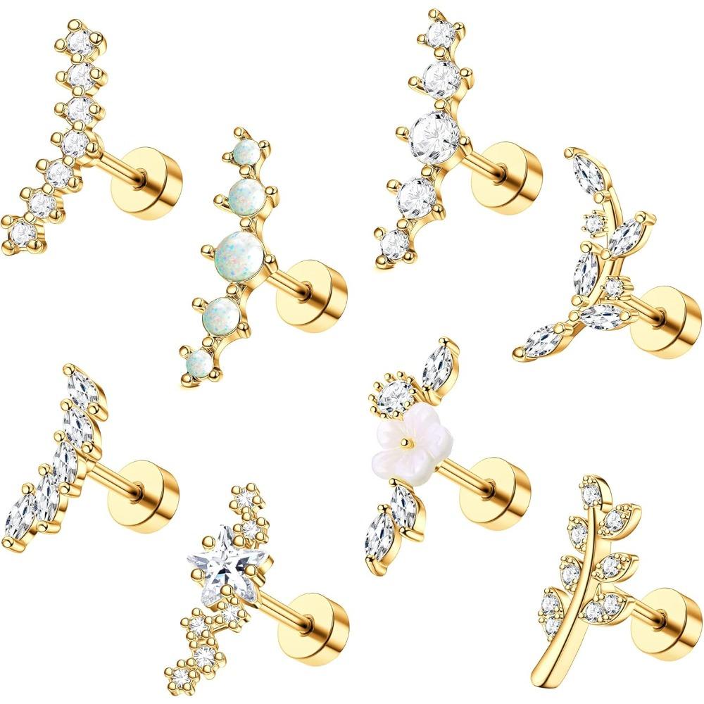 Bobisty 1pc 16G Cartilage Earring Stainless Steel Opal CZ Earrings Flat Back Cartilage Conch Helix Piercing Jewelry for Women