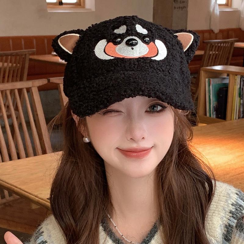 Cute Koala Ears Peaked Cap Lamb Plush Hat Women's Autumn and Winter Warm Face Small Baseball Cap Tide