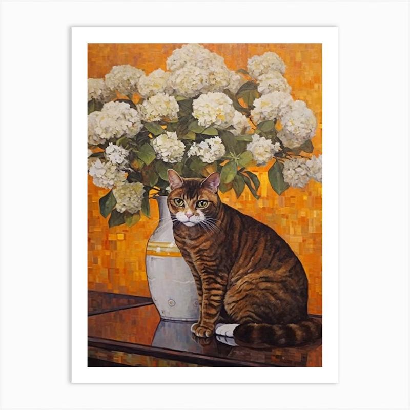 Vintage Bouquet Flower Lotus Lilies With A Cat Art Nouveau Klimt Style Art Print Poster Canvas Painting Wall Picture Room Decor