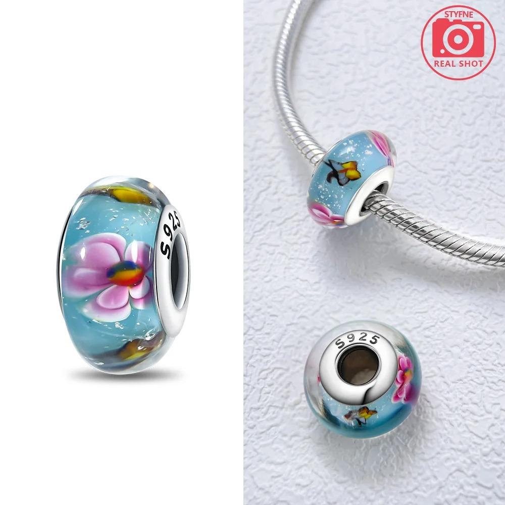 Original Rosa Glasperlen Blaue Romantische Perlen 925 Silber Charms für Frauen DIY Schmuckherstellung Armband Passend