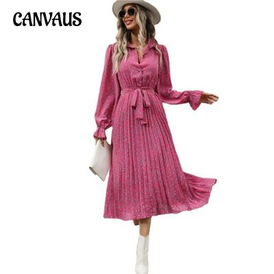 Vestido de mujer de primavera y otoño Vestido de swing de manga larga plisado con lazo de moda