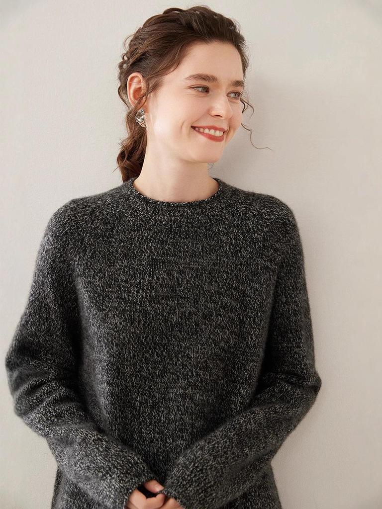 Women's Thickened Cashmere Sweater: Half-High Collar, Raglan Sleeve, Marled Yarn, Rolled Hem, Warm Long Sleeve Base Layer.