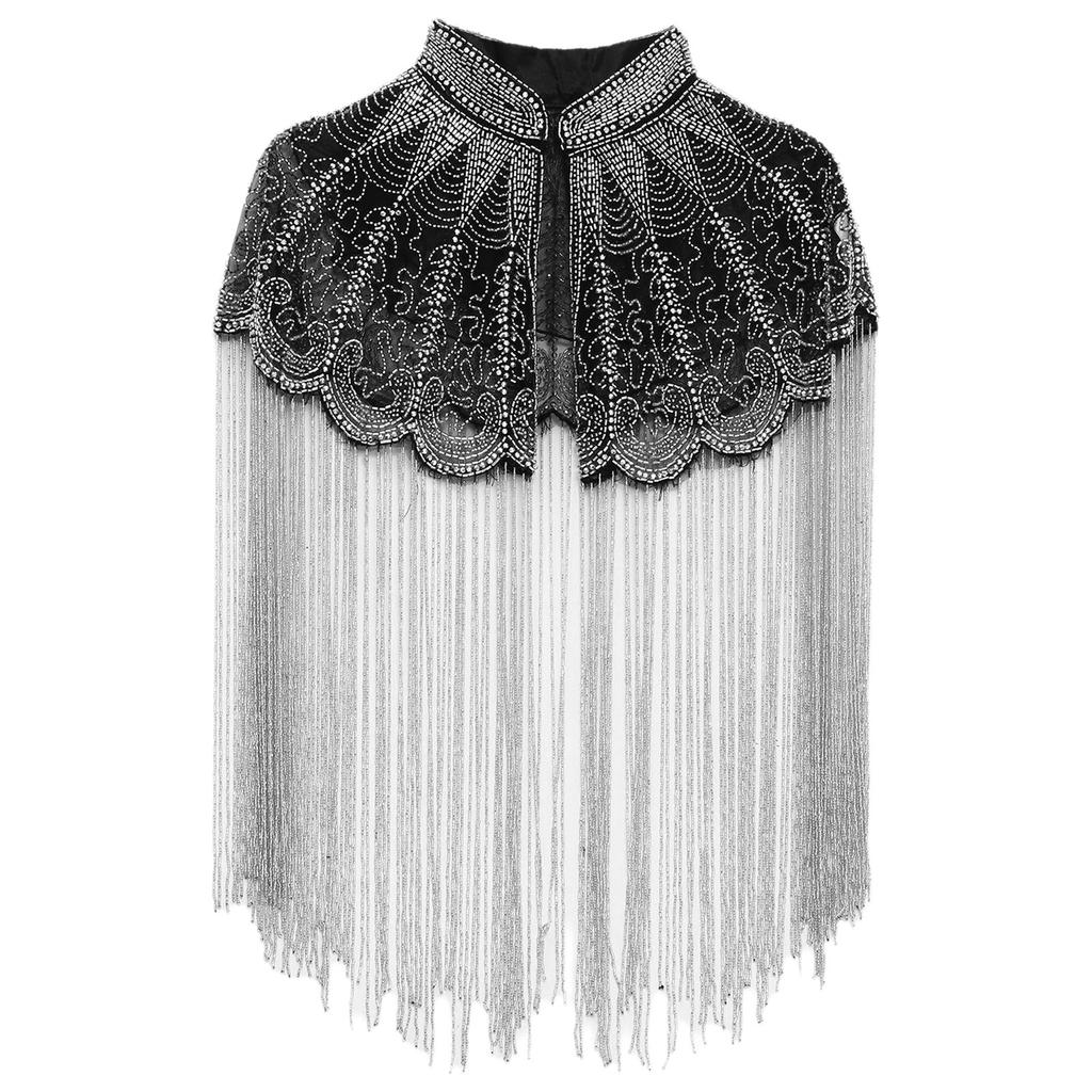 Women 20s Flapper Long Fringed Shawl Sequin Beaded Tassel Evening Cape Wrap for Wedding Reception Special Events