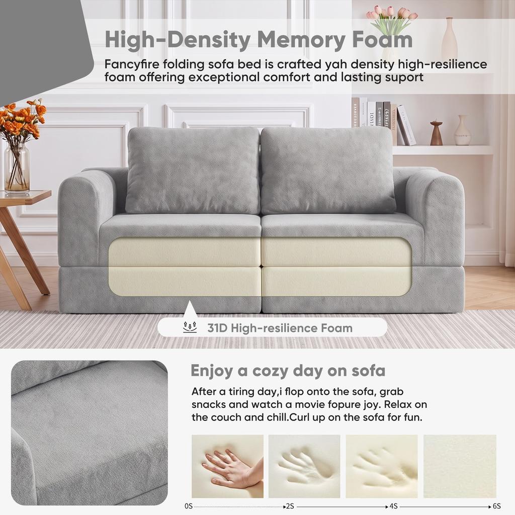 Convertible Folding Sofa Bed, Sleeper Chair with Memory Foam and Back Support – Futon Couch for Living Room, Bedroom, or Small Spaces Gray