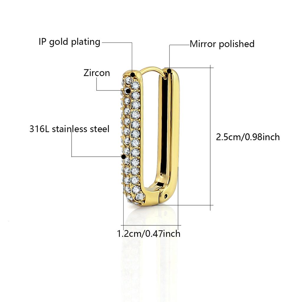 Boucles d'oreilles Huggies Rectangulaires Brillantes en Zircon Plaqué Or Bijoux Boucles d'oreilles en Acier Inoxydable pour Cadeau de Saint-Valentin