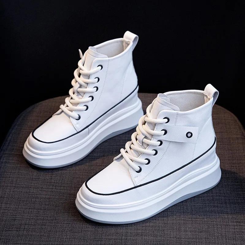 Fashion 7.5CM Women Shoes Natural Cow Genuine Leather Spring Chunky Sneakers Platform Wedge Ankle Boots Hidden Heel Autumn Winter Shoes