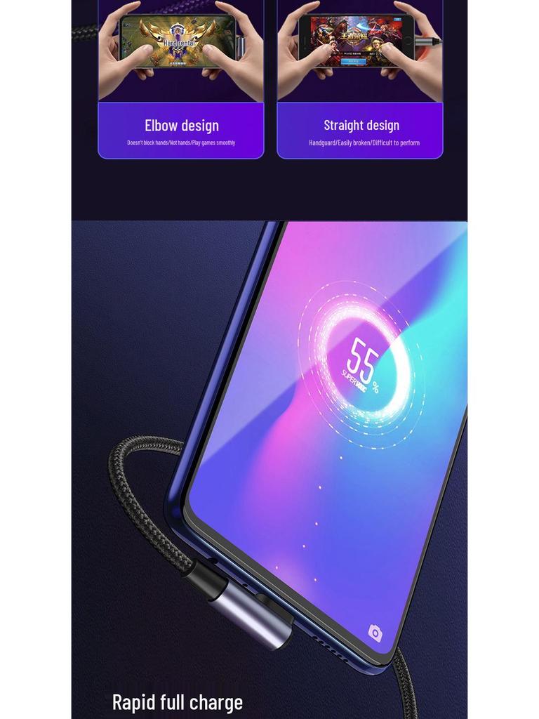 PD Fast Charging Cable: 60W/100W USB-C to Type-C, Single Elbow, Male to Male, 3A/5A