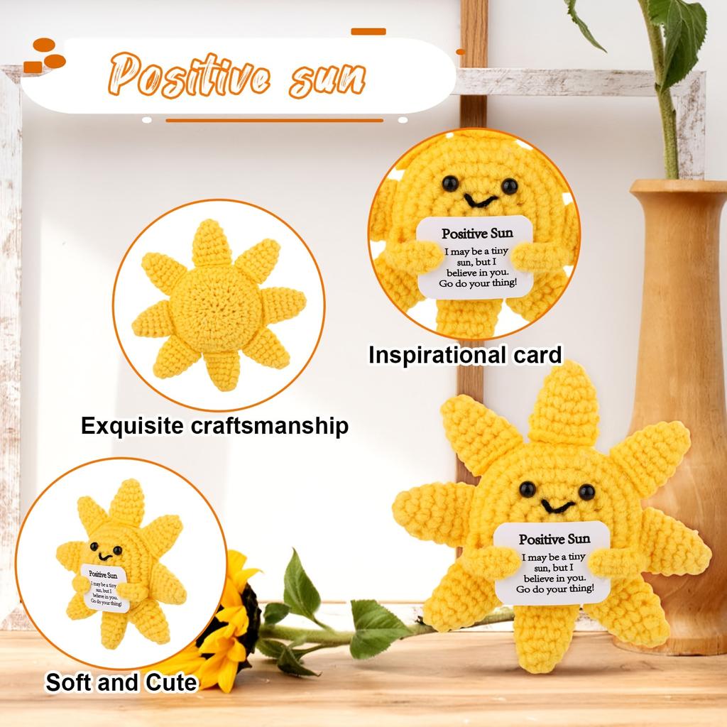 1/2pcs Positive Sun Crochet Dolls with Inspirational Cards-Handmade Yellow Knitted Suns for New Year, Birthday Party Decorations