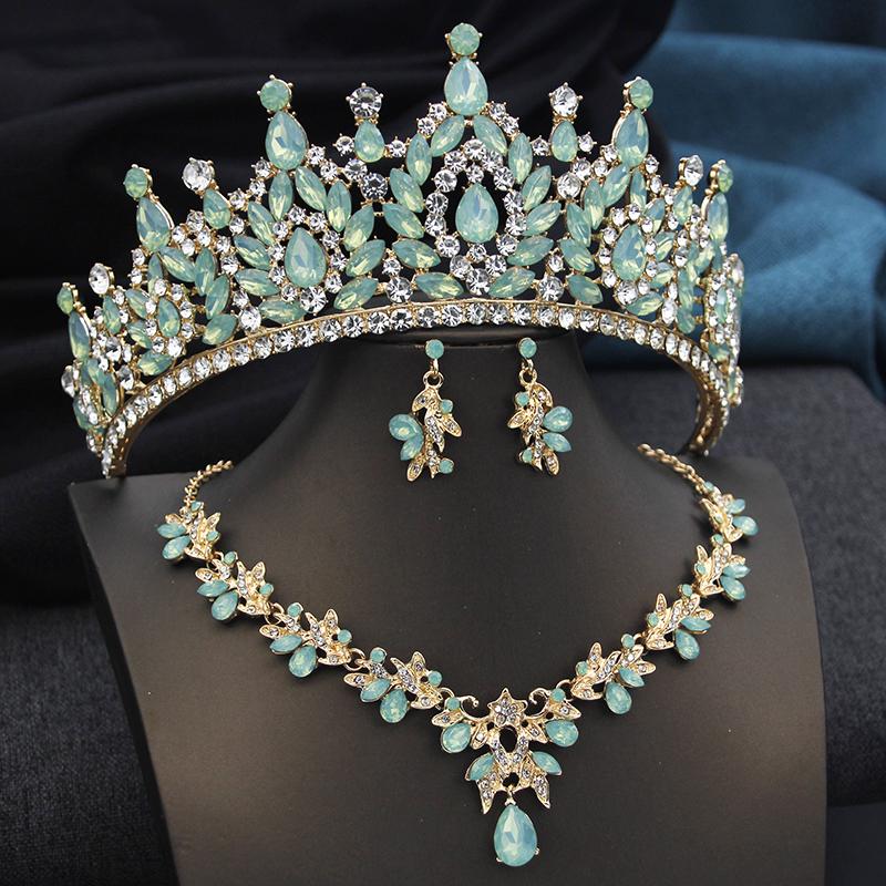 Golden AB 3 Pcs Tiaras and necklace earrings for Bridal Jewelry Sets Women Brides Wedding Crown Prom Birthday Accessories