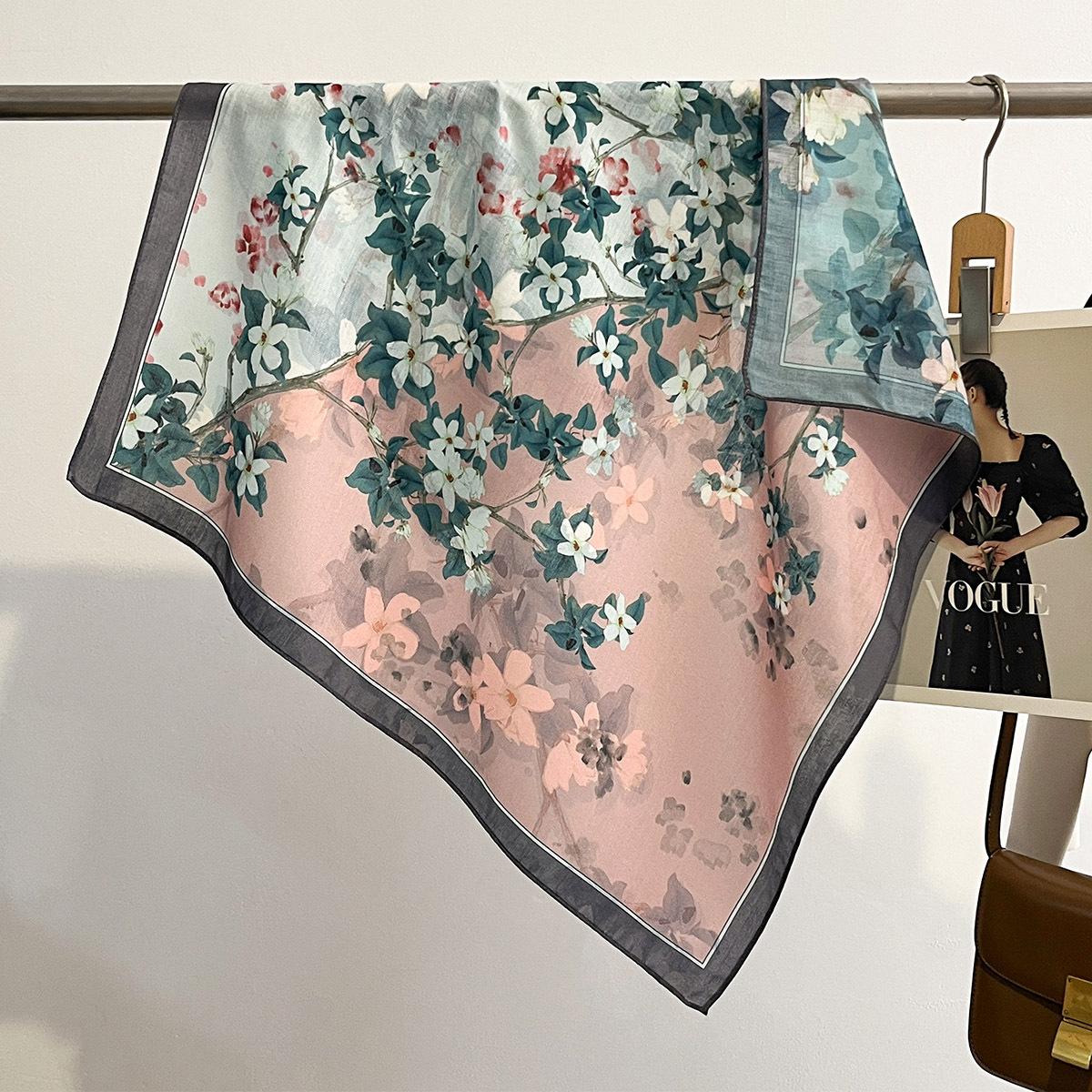 

Розовый Хиджаб с Цветочным Принтом, Хлопковый на Ощупь, Женский Квадратный Шарф, Фуляр, Бандана, Женский Мягкий Головной Платок, Галстук на Шею, Весенне-Осенний Платок-Палантин 65x65cm