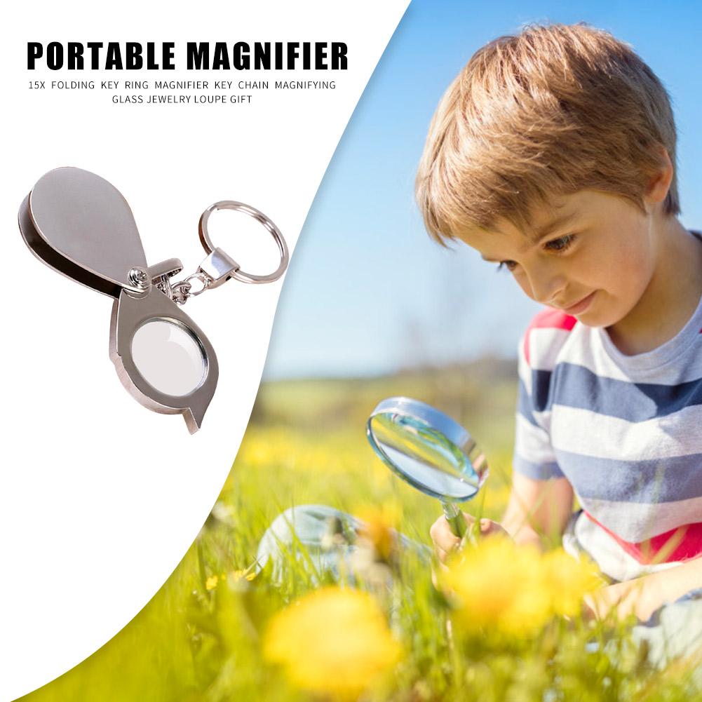 10-1PCS Portable Mini 15X Magnifier Metallic Silver Foldable Exquisite Keychain Glass Loupe Pocket Tool Gift Supplies