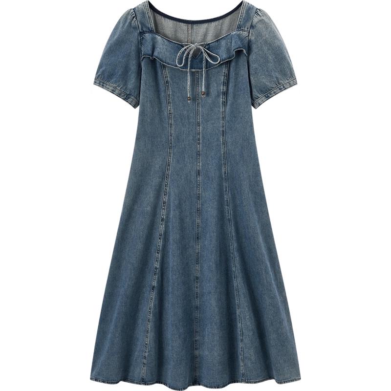 Retro Square Neck Denim Midi Dress L