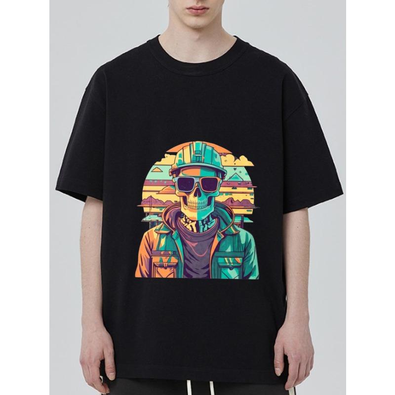 Black T Shirt with Colorful Skull Worker Graphic Print for Casual Wear
