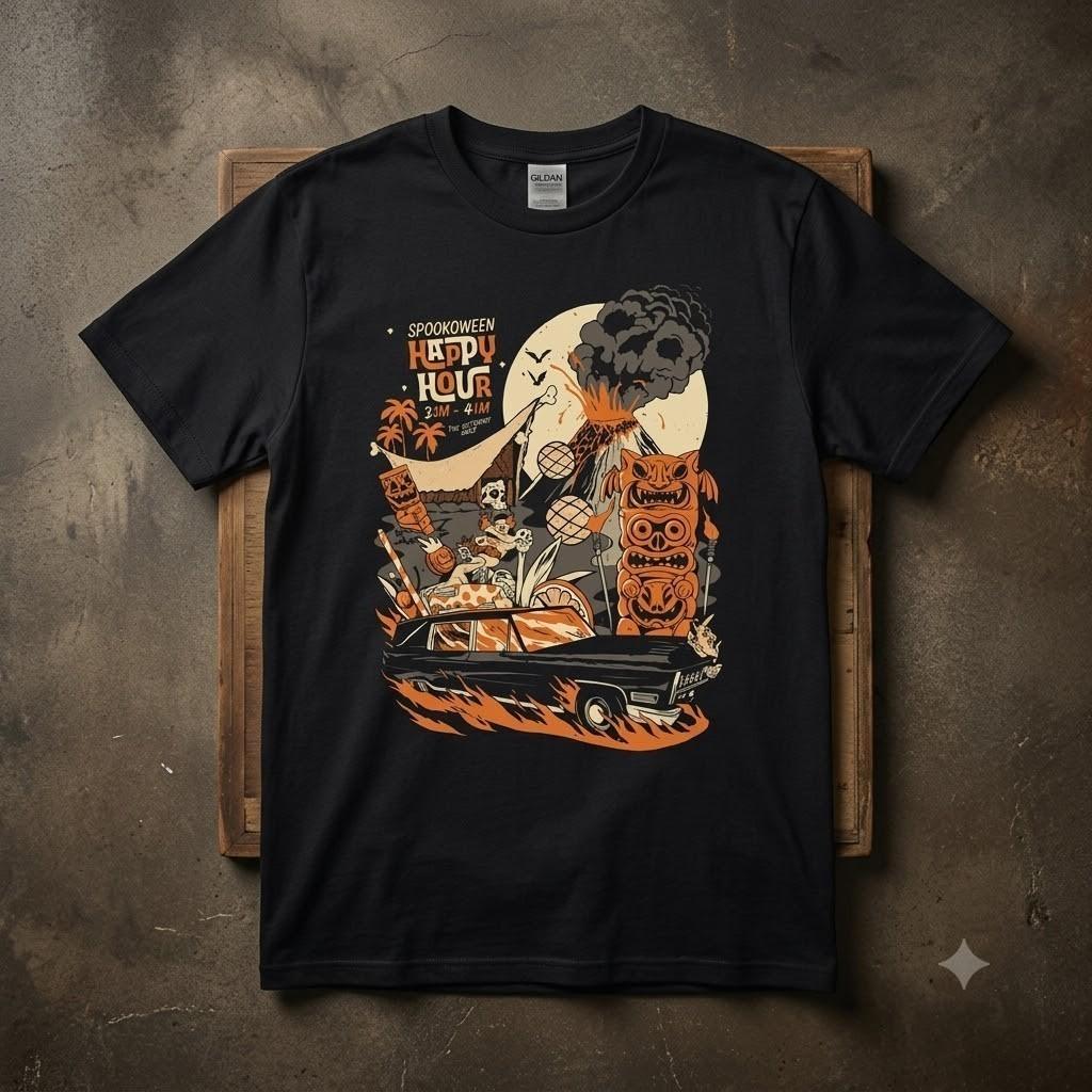 Tiki Hearse Halloween Luau Surf Spooky Retro Black Unisex T-Shirt S-5XL