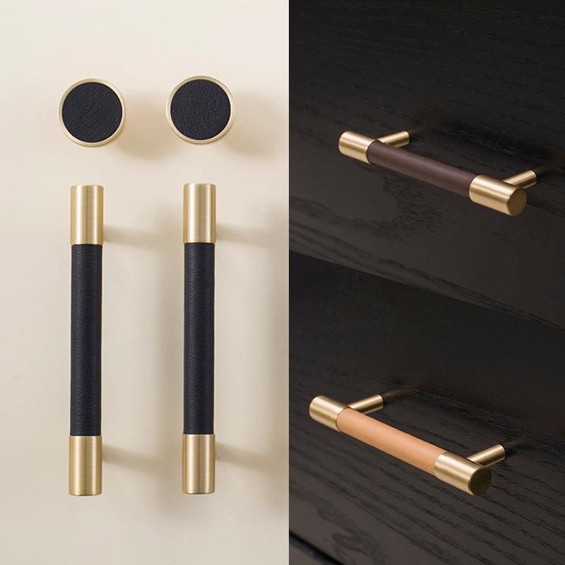 Nordic Style Simple PU Leather + Brass Door Drawer Double Hole Cabinet Handle Kitchen Cupboard Door Pulls Furniture Handle