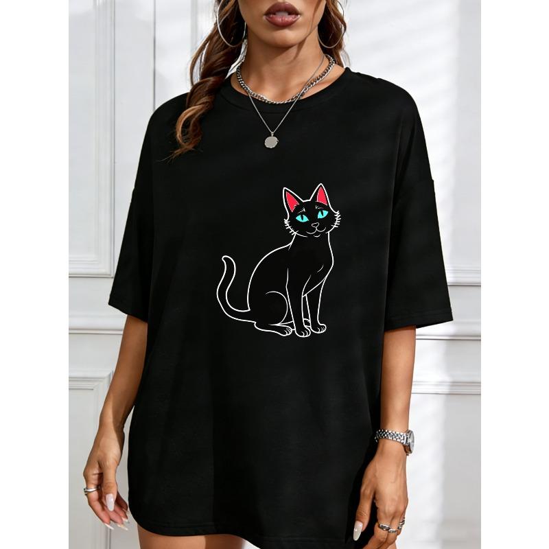 White T Shirt With Black Cat Print For Casual Wear