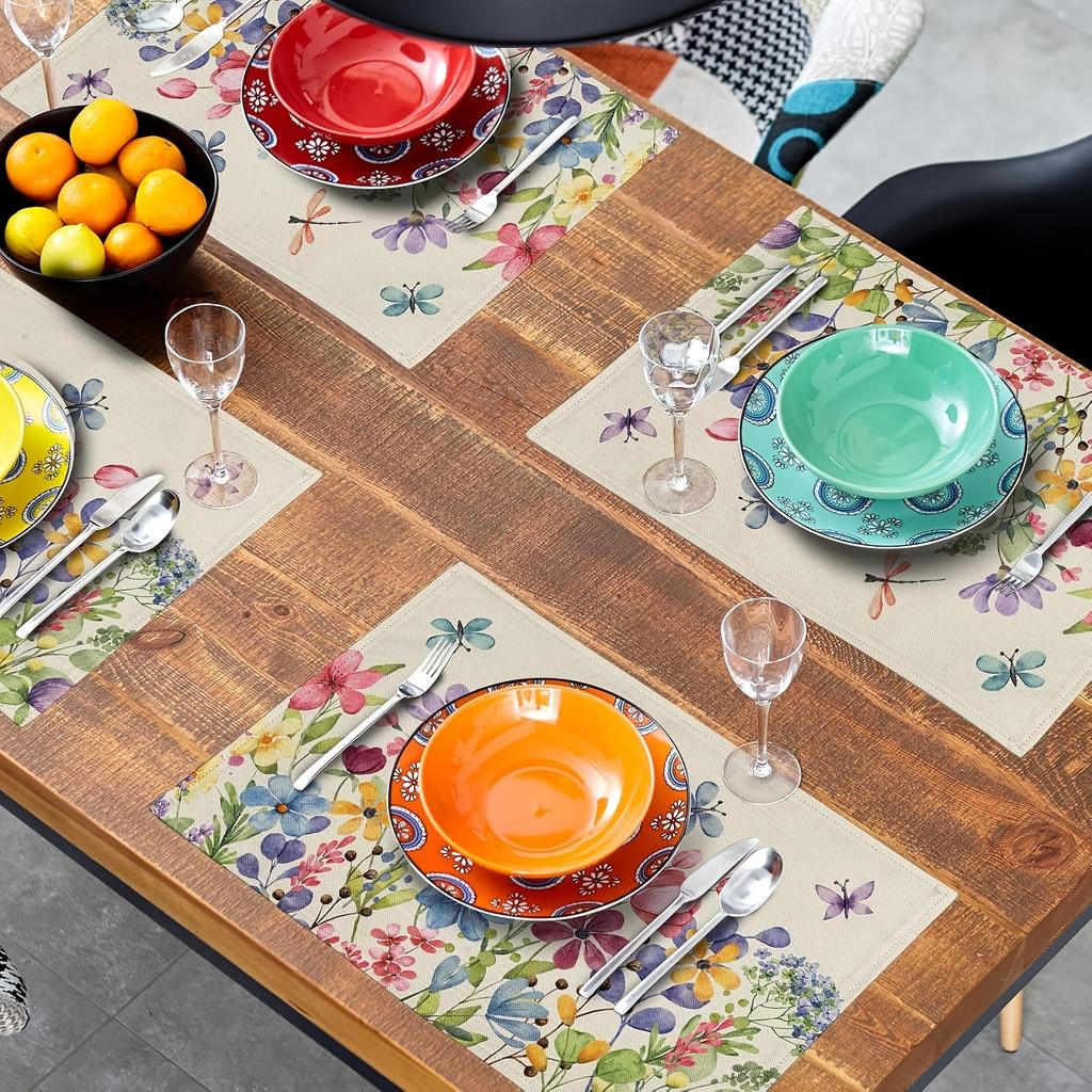 4pcs Spring Floral Placemats Watercolor Colorful Flower Butterfly Vintage Rustic Table Mats