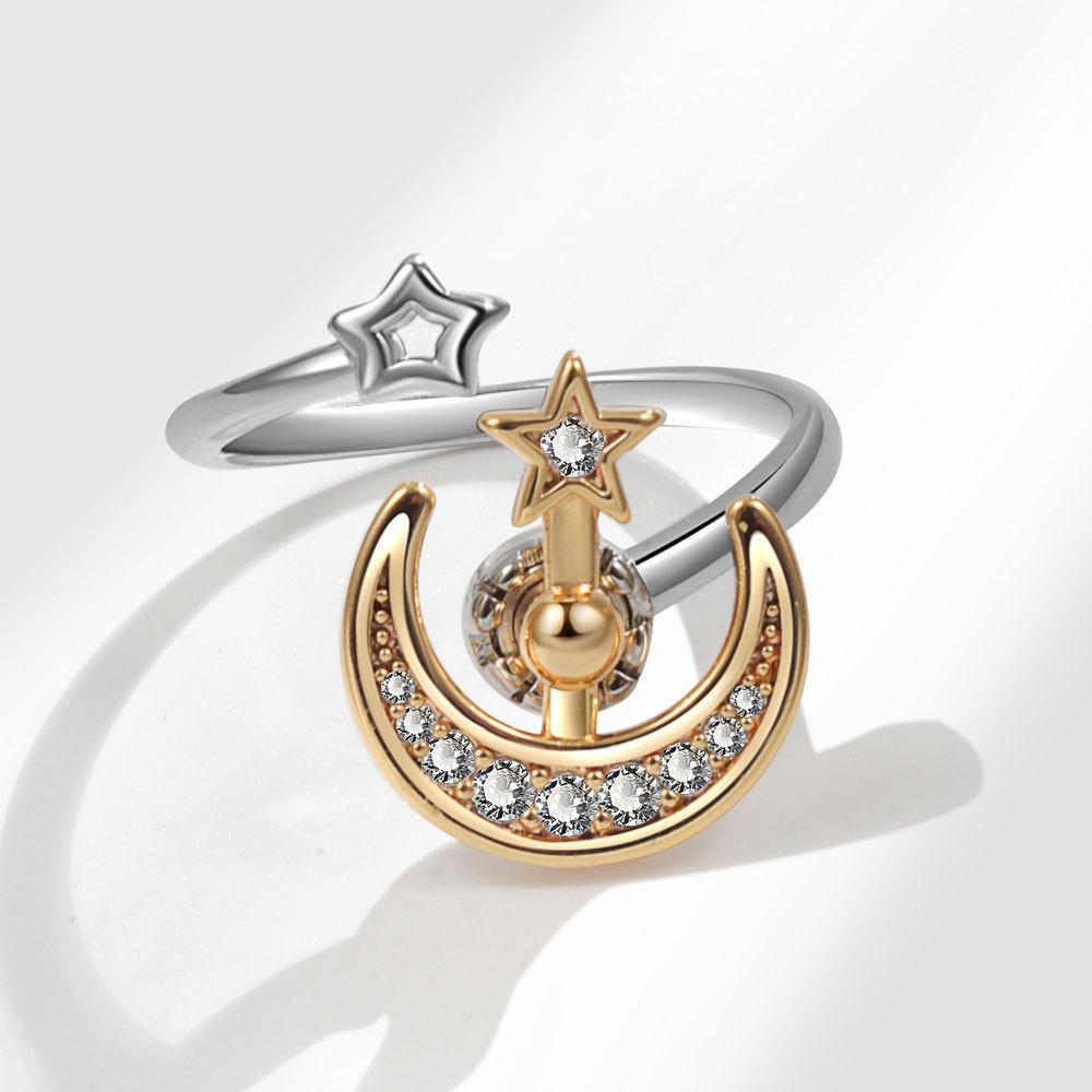 Star Moon Adjustable Ring For Women With Geometric Design And Electroplated Finish